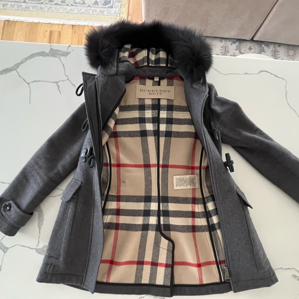 Burberry Brit Grey Wool Duffle Toggle Coat with Black Fox Fur Trimmed Hood Sz 4 - Picture 5 of 16